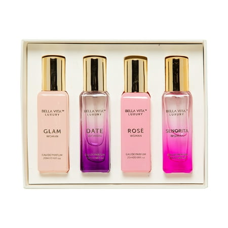Bellavita Luxury Eau De Parfum 4x0.67 oz 4pc Mini Set Rose, Glam, Date, Senorita for Women